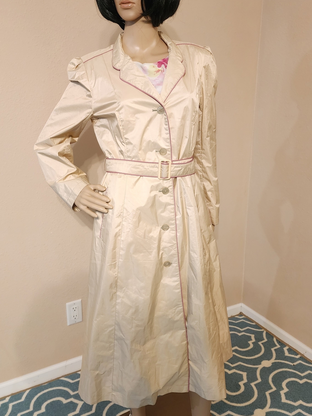 Classic Cream Trench Coat with Pink Piping and Self Belt
